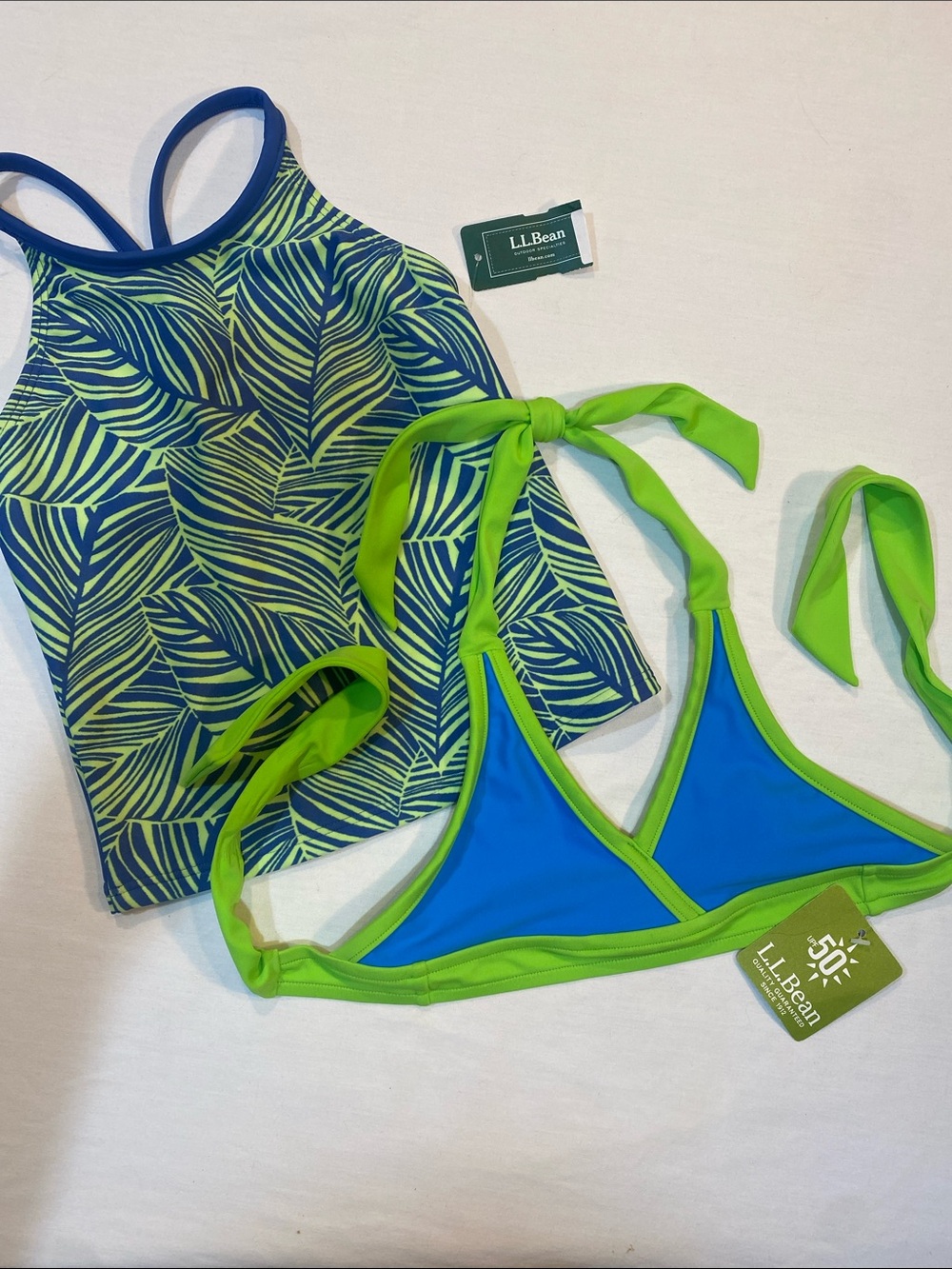 L.L.Bean Blue and Lime Green Triangle Bikini Top and swim tank